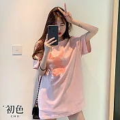 【初色】長版兔子字母印花短袖T恤上衣-共2色-32866(M-2XL可選) M 粉紅色
