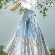 【初色】中式素色長袖上衣/收腰綁帶百褶馬面裙長裙-共2款-32773(M-XL可選) M 淺藍色裙子