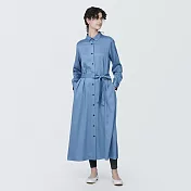 【MUJI 無印良品】女嫘縈混聚酯纖維長袖洋裝 M 煙燻藍