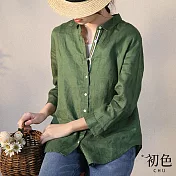 【初色】棉麻風彩色織帶純色翻領八分長袖襯衫上衣-共2色-32887(M-2XL可選) 2XL 綠色