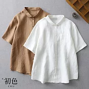 【初色】棉麻風純色翻領短袖襯衫上衣-共2色-32889(M-2XL可選) 2XL 白色