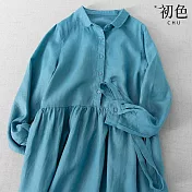 【初色】亞麻風翻領素色綁帶收腰長袖中長裙連身裙洋裝長洋裝-共2色-32788(M-2XL可選) XL 湖藍色