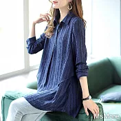 【MsMore】 藍色中長款襯衫OL氣質長袖復古寬鬆休閒上衣# 120812 M 藍色