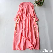 【ACheter】 原創復古連身裙亞麻感V領斜襟收腰開衫文藝粉色長版洋裝# 120841 M 粉紅色