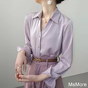 【MsMore】 長袖春日襯衫法式絲質短版上衣# 120856 XL 紫色