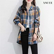 【AMIEE】韓版磨毛格子寬鬆長袖襯衫(KDTY-2118) XL 藍色