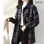 【AMIEE】韓版磨毛格子寬鬆長袖襯衫(KDTY-2118) XL 藏青