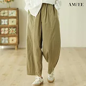 【AMIEE】日系寬鬆純色闊腿褲長褲(KDPY-9039) XL 橄欖綠