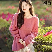 【初色】純色圓領柔軟長袖針織衫毛衣上衣女上衣-粉色-32902(F可選) F 粉色