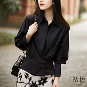 【初色】翻領斜排扣收腰顯瘦素色長袖襯衫女上衣-共2色-32960(M-XL可選) XL 黑色
