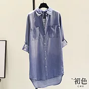 【初色】翻領素色長版雙口袋單排扣薄款襯衫上衣-共2色-32934(M-2XL可選) XL 藍色