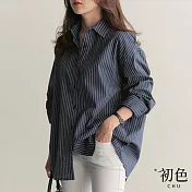 【初色】寬鬆翻領單排扣條紋顯瘦長袖襯衫上衣-共2色-32940(M-2XL可選 L 藍色