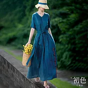 【初色】V領系帶收腰棉麻風復古五分袖連身裙洋裝-藍色-32952(M-2XL可選) L 藍色