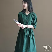 【初色】棉麻風娃娃領素色半排扣系帶收腰顯瘦五分袖連身裙洋裝-綠色-32949(M-2XL可選) 2XL 綠色