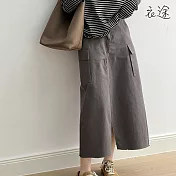 [衣途]工裝高腰顯瘦鬆緊開叉半身裙M-L(KDSY-B079) M 煙灰色