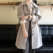 [衣途]廓型剪裁落肩單排釦中長版風衣M-L(KDCY-B861) M 淺米灰