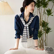 【初色】休閒愛心刺繡翻領長袖牛仔襯衫上衣女上衣-共2色-32672(M-XL可選) M 深藍色