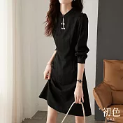 【初色】中國風復古盤扣修身顯瘦立領長袖旗袍連身裙洋裝-黑色-32673(M-2XL可選) M 黑色
