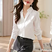 【MsMore】 休閒高級感不對稱V領襯衫新款休閒百搭長袖白色短版上衣# 121057 L 白色