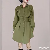 【MsMore】 法式軍綠色高級感收腰顯瘦連身裙氣質單排扣襯衫短版洋裝# 121070 L 軍綠色
