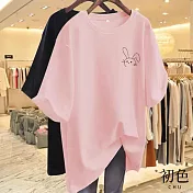 【初色】休閒寬鬆透氣大碼卡通印花圓領短袖T恤女上衣-(多款可選) 2XL C.粉紅色