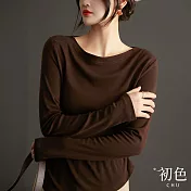 【初色】一字領不規則下擺側邊抓皺長袖T恤上衣女上衣-共3色-32655(M-XL可選) L 深棕色