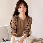 【初色】純色圓領細褶長袖T恤上衣女上衣-咖色-32702(M-2XL可選) M 咖色