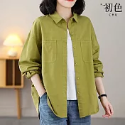 【初色】純色翻領長袖單排扣襯衫外套女外套-共3色-32632(L-2XL可選) 2XL 綠色