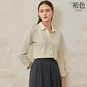 【初色】純色簡約修身翻領長袖單排釦襯衫上衣女上衣-共3色-32665(M-XL可選) L 白色