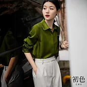【初色】純色簡約緞面休閒寬鬆舒適翻領長袖襯衫上衣女上衣-共2色-32799(M-2XL可選) M 綠色