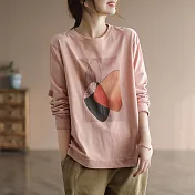 【ACheter】 文藝復古抽象印花棉高檔圓領長袖大碼t恤中長版上衣# 121166 M 粉紅色