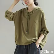 【ACheter】 棉連帽薄新款文藝時尚休閒系帶純色長袖短版上衣# 121169 M 軍綠色