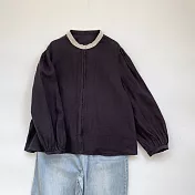 【ACheter】 蕾絲邊棉麻立領襯衫新品寬鬆顯瘦百搭純色短版上衣# 120836 2XL 黑色