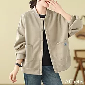 【ACheter】 休閒棒球服圓領百搭寬鬆顯瘦簡約純色韓版長袖短版外套# 120993 M 卡其色