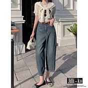 【Jilli~ko】薄款復古高腰寬鬆牛仔闊腿香蕉褲 M-XL J11696  XL 藍色