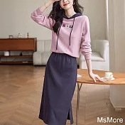【MsMore】 華夫格撞色連帽長袖套裝時尚休閒半身裙兩件式套裝# 121249 M 粉紅色