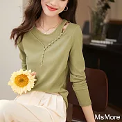 【MsMore】 修身圓領鏤空女人味優雅氣質設計感長袖T恤短版上衣# 121250 3XL 綠色