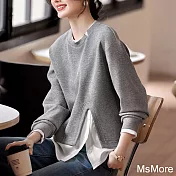 【MsMore】 灰色圓領設計感長袖拼接撞色假兩件短版上衣# 121254 L 灰色