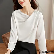 【MsMore】 韓版百搭斜領長袖緞面襯衫款短版上衣# 120632 L 白色