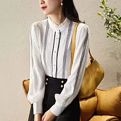 【MsMore】 法式木耳蕾絲邊小立領雙層單排扣長袖襯衫短版上衣# 120749 M 白色