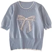 【MsMore】 溫柔少女感短袖輕薄針織衫領口珍珠蝴蝶結短版上衣# 121049 FREE 藍色