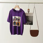 【MsMore】 韓版印花連帽短袖寬鬆薄款針織短版上衣# 121105 FREE 紫色