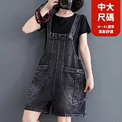 【慢。生活】文藝牛仔寬鬆大口袋五分闊腿吊帶短褲 XL-2XL J11709  2XL 黑色