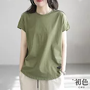 【初色】休閒百搭純色拼接寬鬆圓領短袖T恤上衣-共5色-69360(M-2XL可選) 2XL 軍綠色