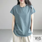 【初色】休閒百搭純色拼接寬鬆圓領短袖T恤上衣-共5色-69360(M-2XL可選) 2XL 藍色