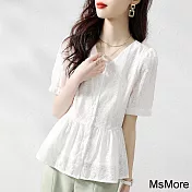 【MsMore】 優雅娃娃衫氣質精緻知性時尚休閒寬鬆韓版襯衫短袖短版上衣# 120665 L 白色