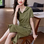 【MsMore】 抽繩連帽短袖新款簡約百搭休閒收腰顯瘦連身裙長版洋裝# 121145 M 綠色