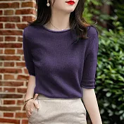 【MsMore】 純色圓領短袖韓版時尚減齡上衣顯瘦百搭冰絲針織衫# 121194 FREE 紫色