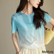 【MsMore】 漸變彩虹色天絲感清涼垂感寬鬆顯瘦圓領短袖針織短版上衣# 121196 FREE 藍色