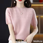 【MsMore】 韓版短袖新款圓領薄款鏤空短版羊絨感上衣# 121197 FREE 粉紅色